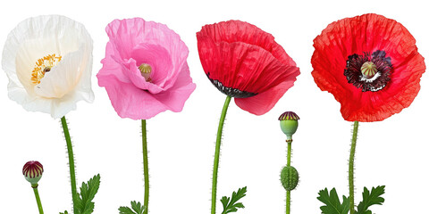 Obraz premium Assortment of Poppies in Bloom and Bud poppy flower isolated on a transparent background