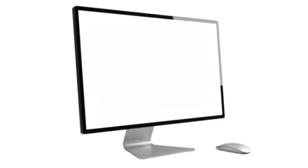 Sleek black desktop monitor with silver stand and blank white screen, with minimalist silver mouse, on transparent, bright studio lit, high-tech product design concept
