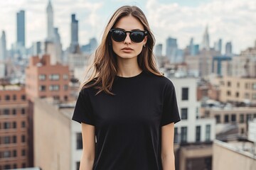 Woman in black shirt and sunglasses with city skyline in the background.