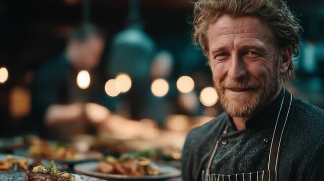 Chef at work preparing and serving food in a restaurant kitchen