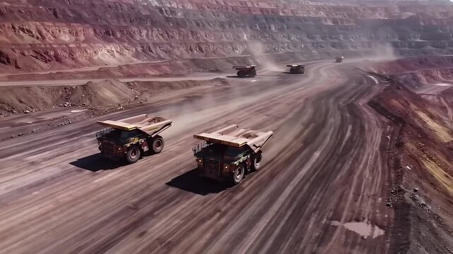 Aerial View of Mining Trucks on Dusty Road