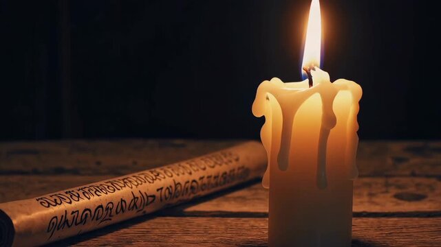 Flickering candlelight illuminates cryptic scroll on rustic table over time