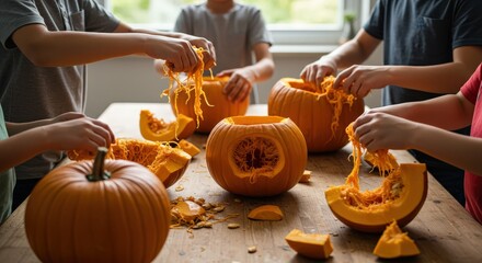Children's hands carving pumpkins for autumn fun