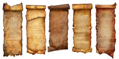 Collection of Ancient Parchment Scrolls blur real isolated on a transparent background