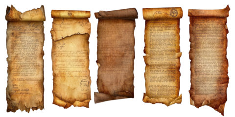 Collection of Ancient Parchment Scrolls blur real isolated on a transparent background