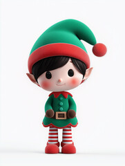 Cute Christmas elf character with green and red hat, striped stockings, and cheerful expression, standing against white background in festive outfit