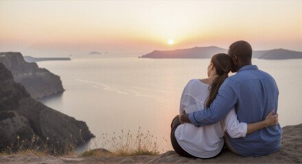 Fototapeta premium Couple sitting and watching the sunset at the sea in Santorini 