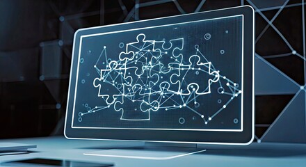 Business Solution with Jigsaw Puzzle on a Desktop Screen Dark Background