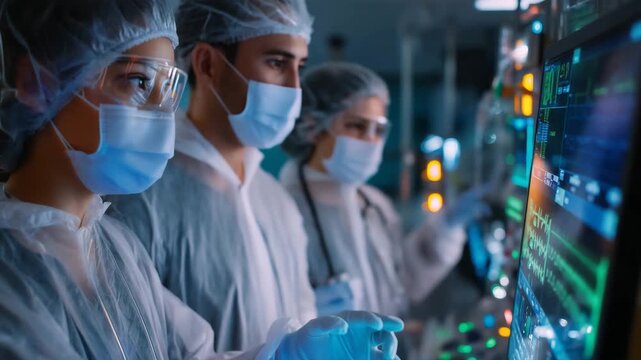 A team of healthcare workers in full protective gear moving carefully through a dimly lit intensive care unit, glow of medical monitors and ventilators casting blue and green light