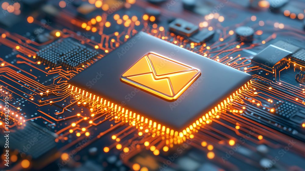 Wall mural glowing email icon on microchip with bright orange circuit lines, symbolizing digital communication 