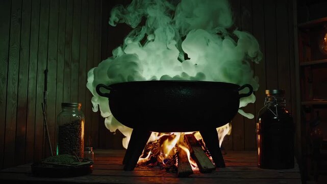 Mysterious cauldron simmering in dimly lit cottage with rising steam