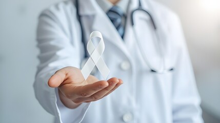 Female doctor in white uniform with white pearl ribbon awareness in hand for Dating Violence,Emphysema,Lung Cancer awareness ,Lung Disease,Mesothelioma,Multiple Sclerosis,Retinoblastoma Cancer (eye)