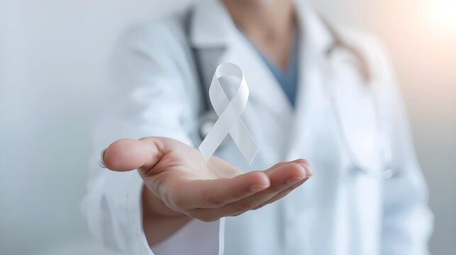 Female doctor in white uniform with white pearl ribbon awareness in hand for Dating Violence,Emphysema,Lung Cancer awareness ,Lung Disease,Mesothelioma,Multiple Sclerosis,Retinoblastoma Cancer (eye)