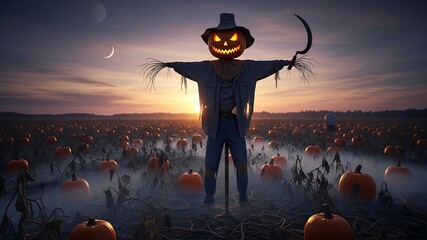 Halloween Pumpkin Head Scarecrow Costume with Twisted Hands Holding Curved Sickle in a Foggy Pumpkin Field at Sunset for Festive Decorations and Holiday Parties