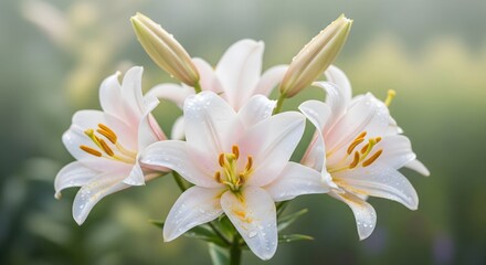 Delicate White Lilies With Dew Drops Blooming in Soft Sunlight and Mist