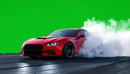 Red sports car doing a burnout on a wet track with thick smoke, isolated on a green screen background for visual effects