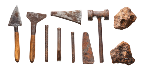Collection of Rusty Ancient Tools and Rocks metal stone isolated on a transparent background