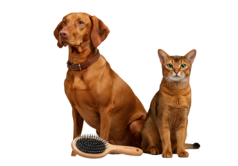 A sleek russet gold Vizsla dog and regal Abyssinian cat, posed calmly side-by-side with a minimalist grooming brush on a clean transparent studio background, sophisticated pet product advertising