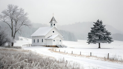"Polar Bear and Arctic Wolf in Snowy Winter Landscape with White Church"