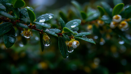 Close up of dew drops clinging to green leaves and small buds on a branch after rain