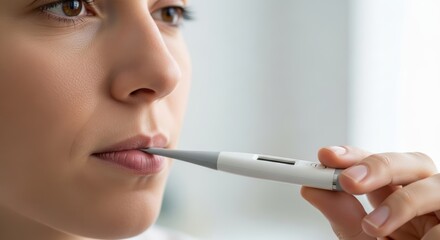 young woman checking body temperature with digital thermometer at home