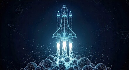 Futuristic Low Poly Rocket Launch Symbolizing Digital Start Up and Success