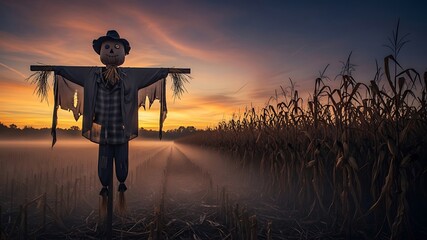 Scarecrow Standing in a Cornfield During Sunset with Warm Orange and Purple Sky, Rural Farming Landscape in Evening, Agricultural Machinery and Harvested Crops, Autumn Harvest Scene, Farm Life and