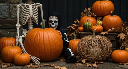 Child in Skeleton Costume with Pumpkins