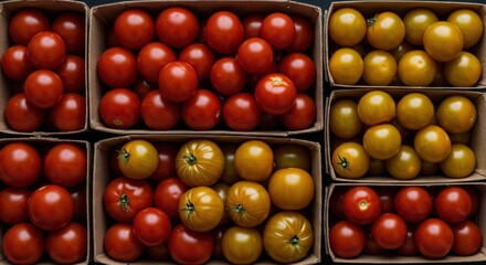 Fresh red and yellow tomatoes in cardboard boxes