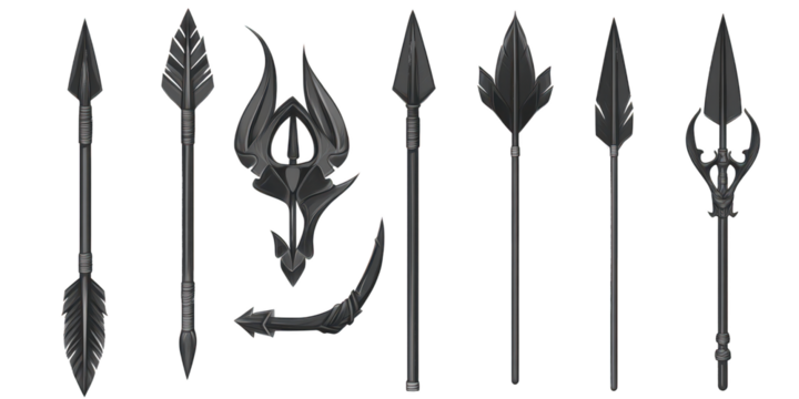 Collection of Stylized Spears and a Crescent Blade in Dark Tones weapon sharp isolated on a transparent background