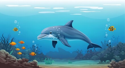 Fototapeta premium Dolphin swimming ocean reef scene.