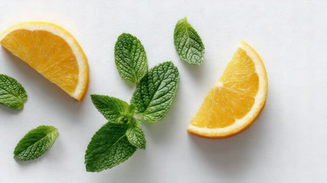 Vibrant fresh mint leaves and ripe orange slices artfully arranged on pristine white background, showcasing natural colors, textures, and fresh ingredient composition for healthy food photography