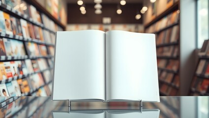Open blank book mockup in bookstore aisle with blurred shelves of books background