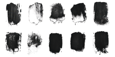Collection of Ten Textured Black Paint Brush Strokes with White Outline graphic design isolated on a transparent background