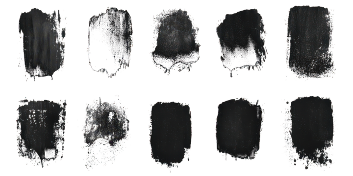 Collection of Ten Textured Black Paint Brush Strokes with White Outline graphic design isolated on a transparent background