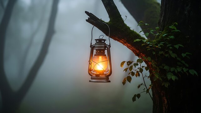 Vintage Lantern Hanging from a Tree in Misty Forest Scene with Atmospheric Lighting for Nature, Adventure, and Wilderness Exploration Themes, Evoking Calm and Mystery