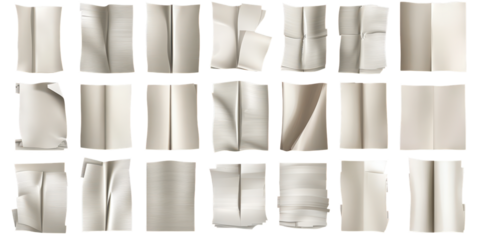 Collection of Twenty Folded and Crumpled White Paper Sheets document page isolated on a transparent background