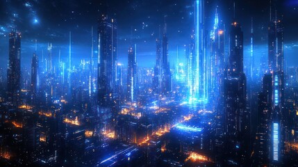 Naklejka premium Futuristic city aerial view, vibrant night lights, high-tech towers, potential stock photo