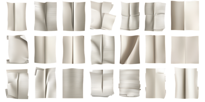 Collection of Twenty Folded and Crumpled White Paper Sheets document page isolated on a transparent background