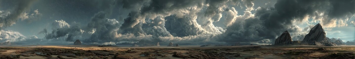 Fototapeta premium Vast barren landscape under a dramatic sky with storm clouds and distant rock formations. A panoramic view of an alien world habitat.