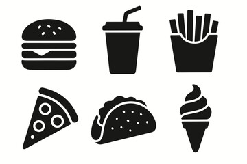 Black and white fast food icons: burger, drink, fries, pizza, taco, ice cream