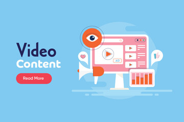 Eye indicates video content views and performance graph on tablet dashboard. brand promotion and social media marketing analytics report.