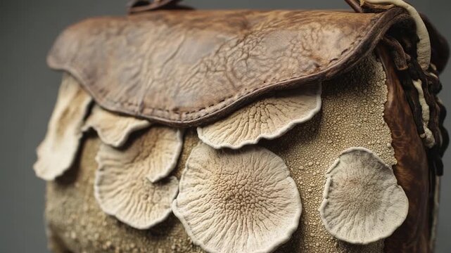 A purse with a unique mushroom pattern sitting on a table, perfect for nature lovers and those who appreciate whimsical designs