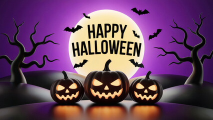Spooky Halloween pumpkins glow under a full moon with bats flying in a dark haunted scene