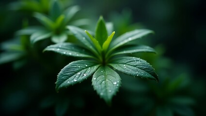 Macro photography of green foliage with morning dew