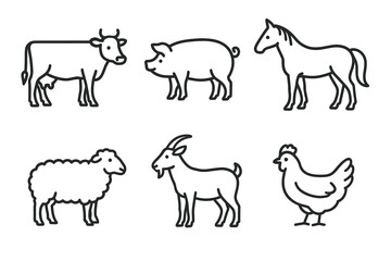 Outline illustrations of farm animals: cow, pig, horse, sheep, goat, chicken