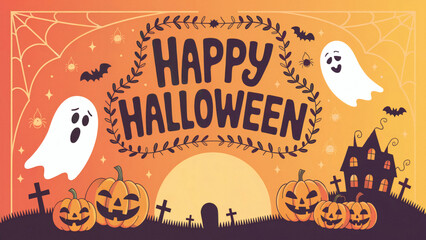 Spooky happy Halloween banner with cute ghosts pumpkins bats and haunted house