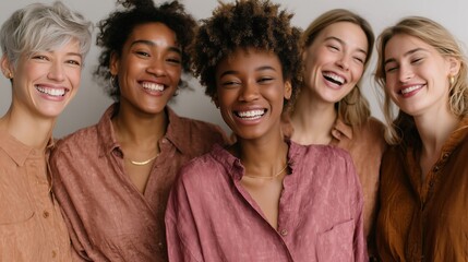 Obraz premium Smiling group of five women wearing stylish clothing in warm colors in a bright indoor setting