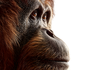 Close-up side portrait of orangutan with textured skin and soulful eyes isolated on transparent background
