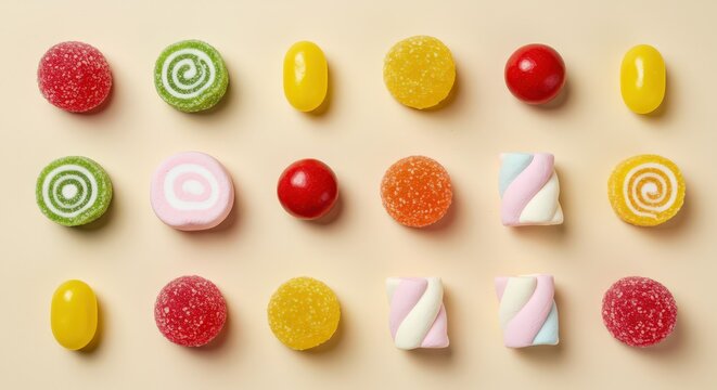 Variety of colorful candies and marshmallows on a light background